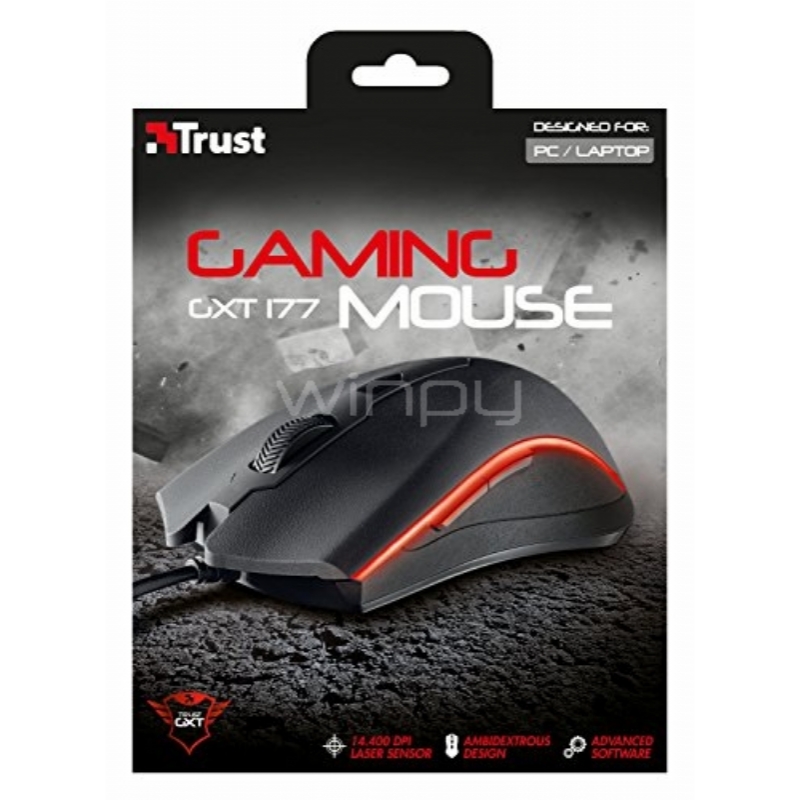 Mouse Gamer Trust GXT 177 (USB, 14400DPI, 8 botones, RGB, ambidiestro, negro)