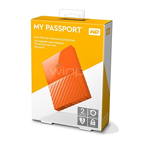 Disco duro portátil Western Digital My Passport de 2TB (USB 3.0, Naranja)
