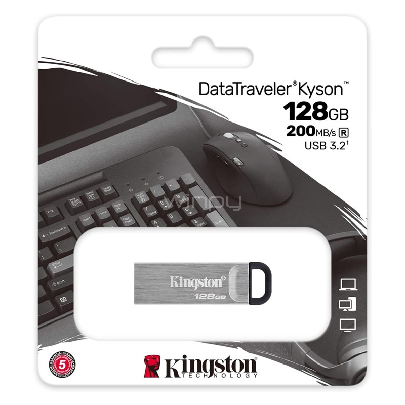 Pendrive Kingston DataTraveler Kyson de 128GB (USB 3.2, 200MB/s, Plata)