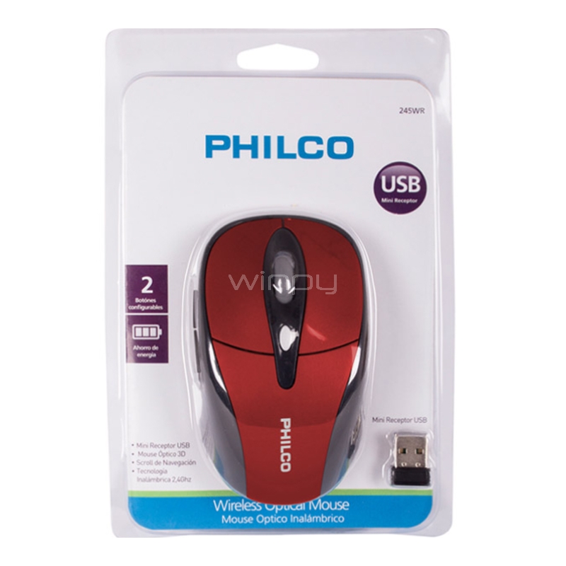 Mouse Inalámbrico Philco 245WR (Dongle USB, Rojo)