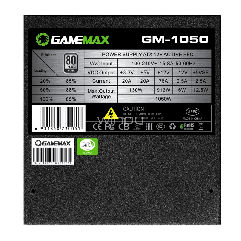 Fuente de Poder GameMax GM-1050 de 1050W (Semi-Modular, Certificado 80+ Silver, ATX)