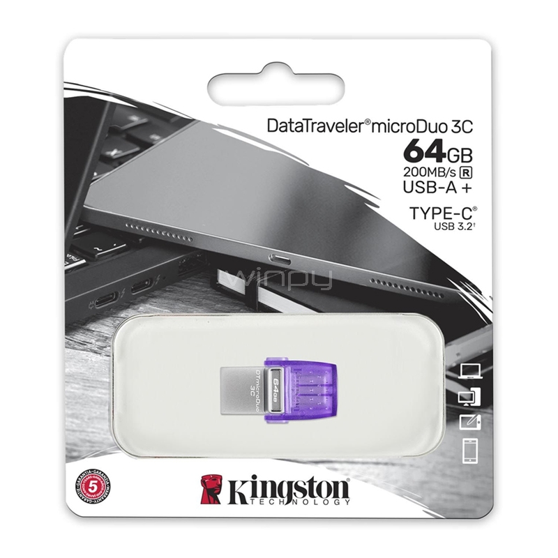Pendrive Kingston DataTraveler microDuo 3C de 64GB (USB 3.2, USB-C, Morado)