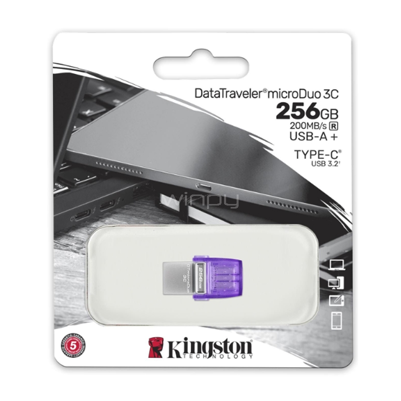 Pendrive Kingston DataTraveler microDuo 3C de 256GB (USB 3.2, USB-C, Morado)