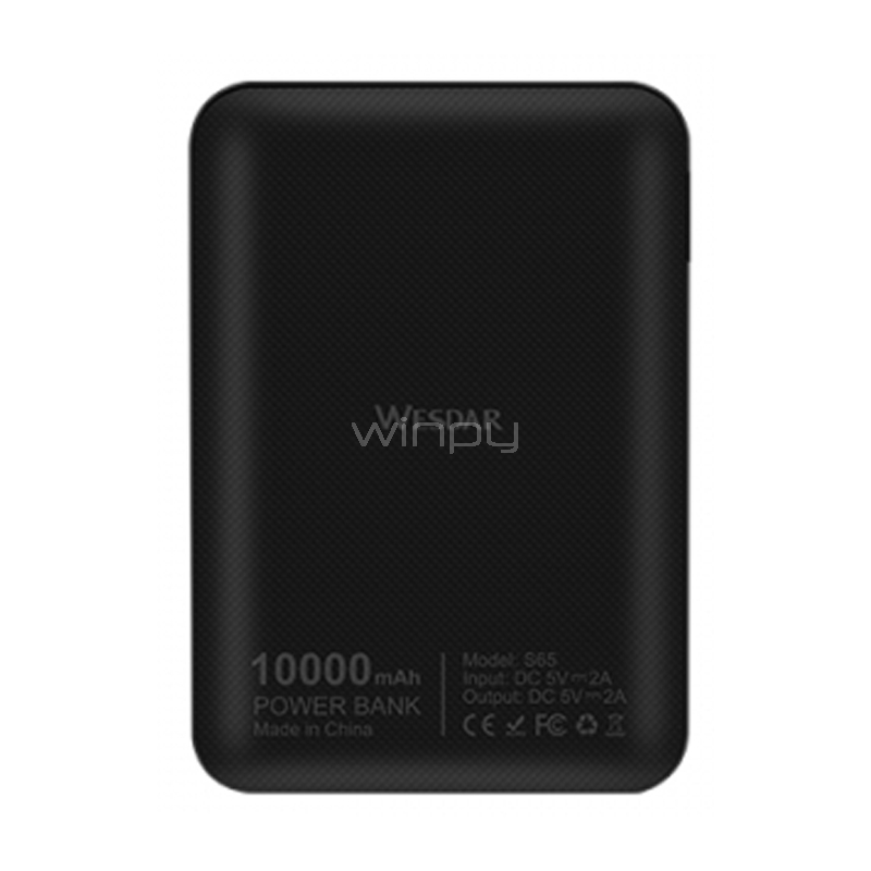 Batería Externa Wesdar Mini S65 de 10.000 mAh (USB-A x2, Negro)