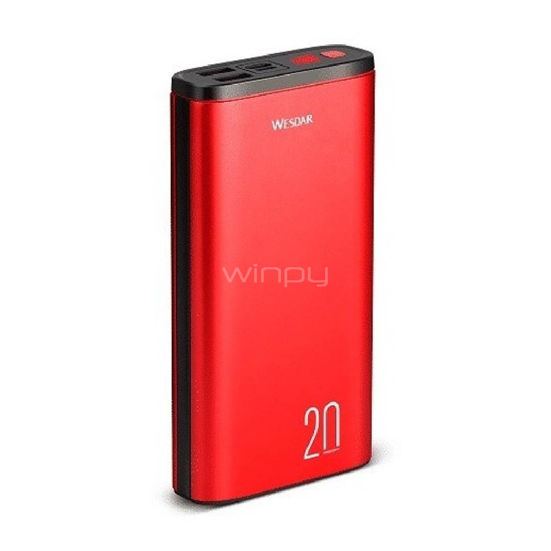 Batería Externa Wesdar S59 de 20.000 mAh (USB-A, USB-C, Rojo)