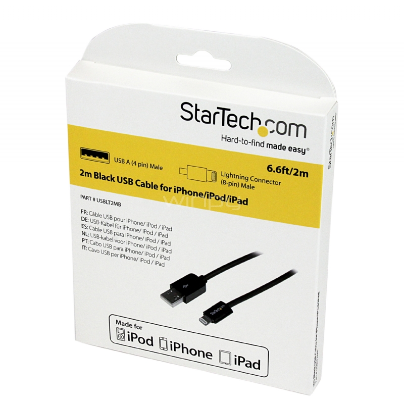 Cable 2m Lightning 8 Pin a USB A 2.0 para Apple iPod iPhone iPad - Negro - StarTech