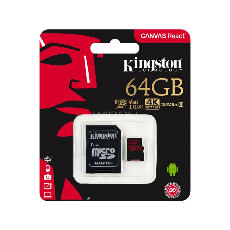 Tarjeta microSD Kingston Canvas React 10 de 64GB para vídeos 4K (SDHC/SDXC, UHS-I, adaptador SD)