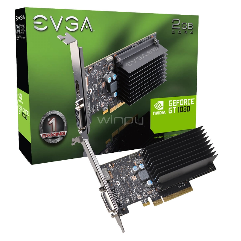 Tarjeta de vídeo EVGA GeForce GT 1030 (2GB DDR4, Disipador, Perfil Bajo)