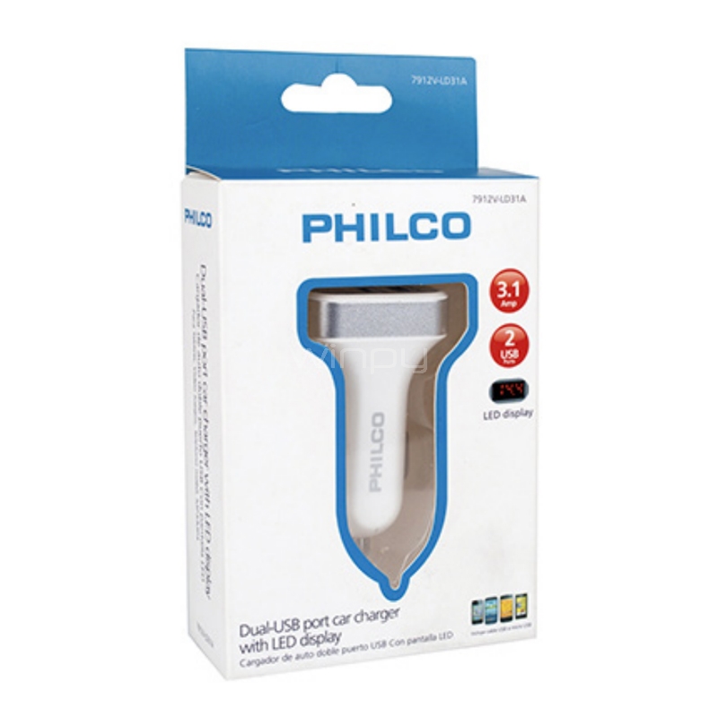 Cargador Philco para Auto con Pantalla (USB x2, Blanco)